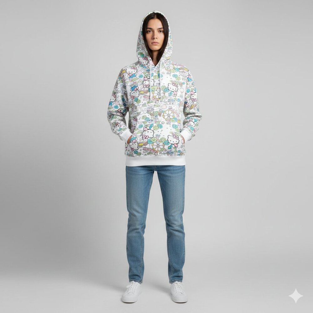 NEW SANRIO HELLO KITTY "Bustling Town" Pullover Hoodie White/Multi Adult Size L